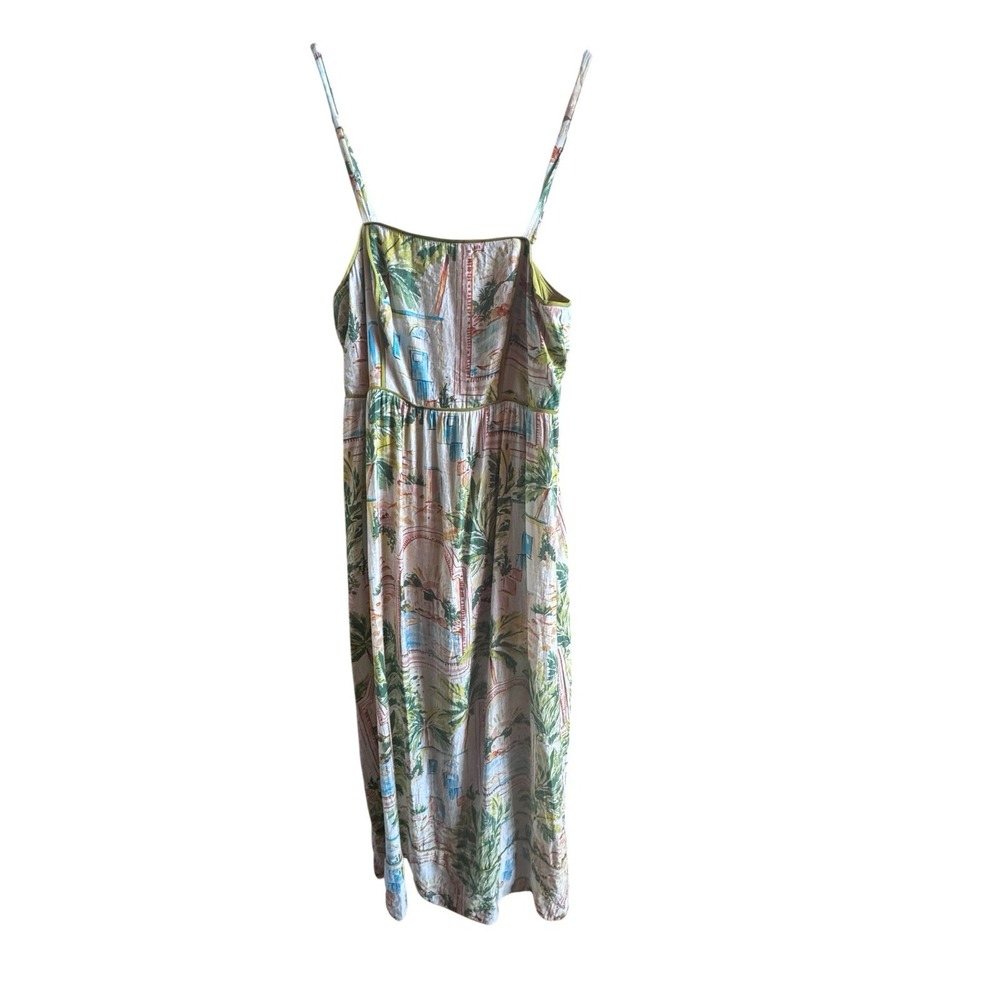 The Good Journey Olive Green Piping Trim Postcard Print Sz 8 Midi Dress Tropics
